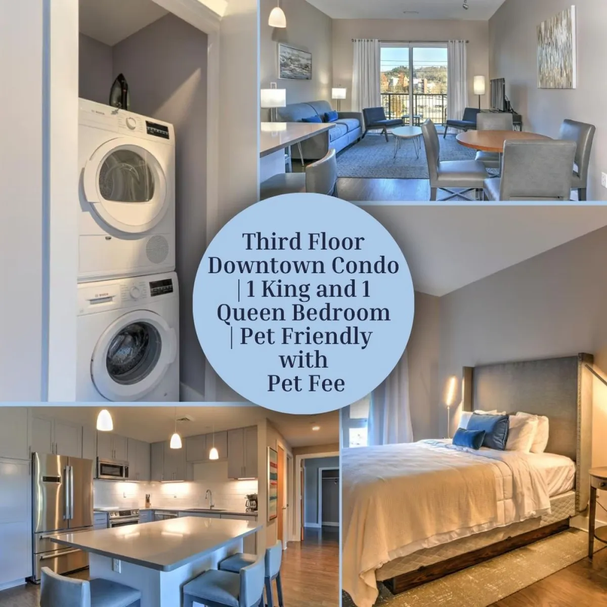 The image showcases a bright, open-concept living area in a contemporary condo, featuring a cozy living room, a stylish dining space perfect for group meals, a spacious bedroom, and convenient in-unit washer and dryer. Natural light fills the space, and comfortable furnishings create a welcoming atmosphere for families and their pets.